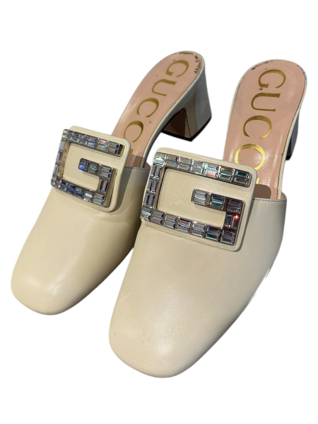 Gucci Rhinestone White Leather Mules - RERACKED