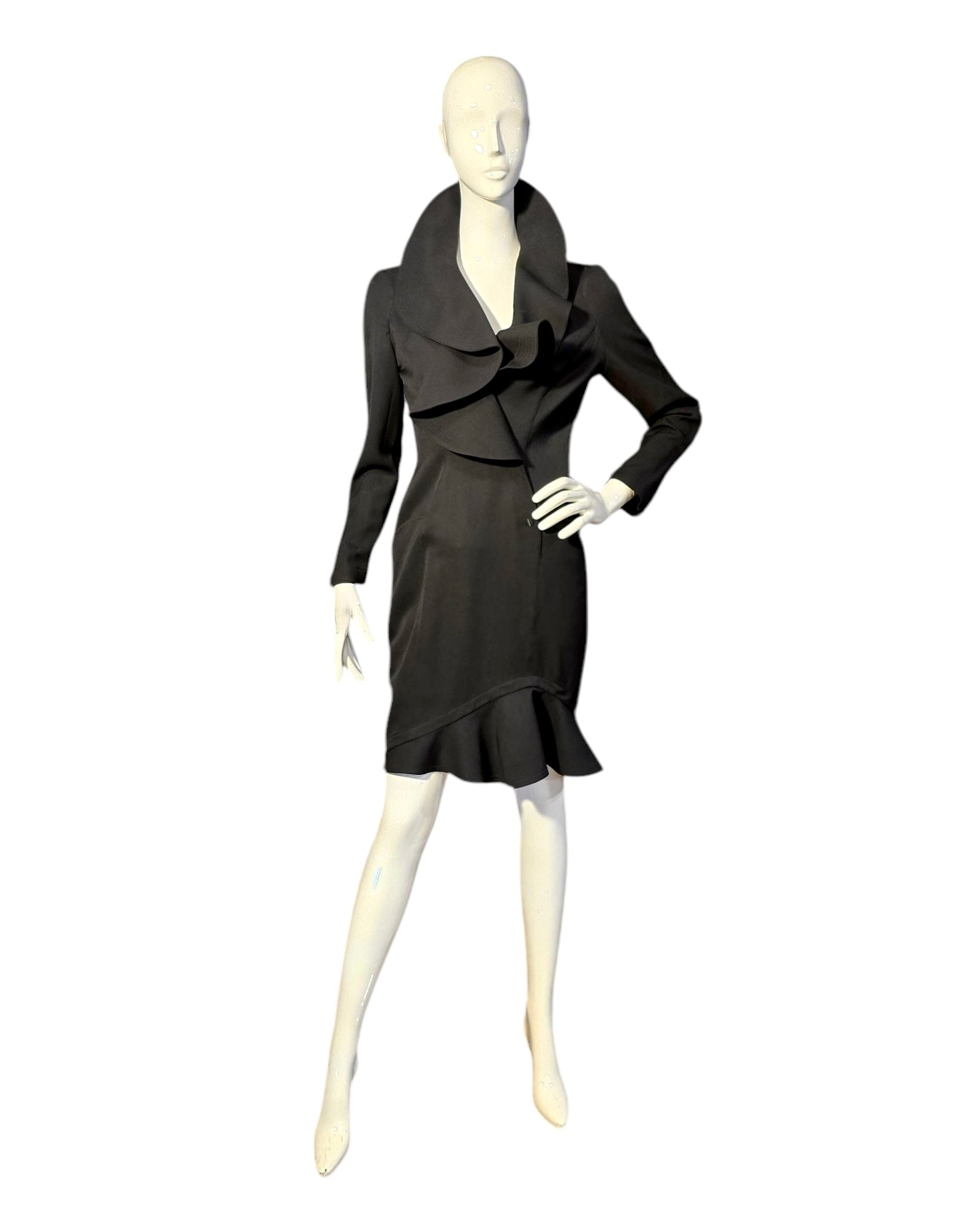 Thierry Mugler 1989 Runway Ruffle Collar Black Wrap Suit