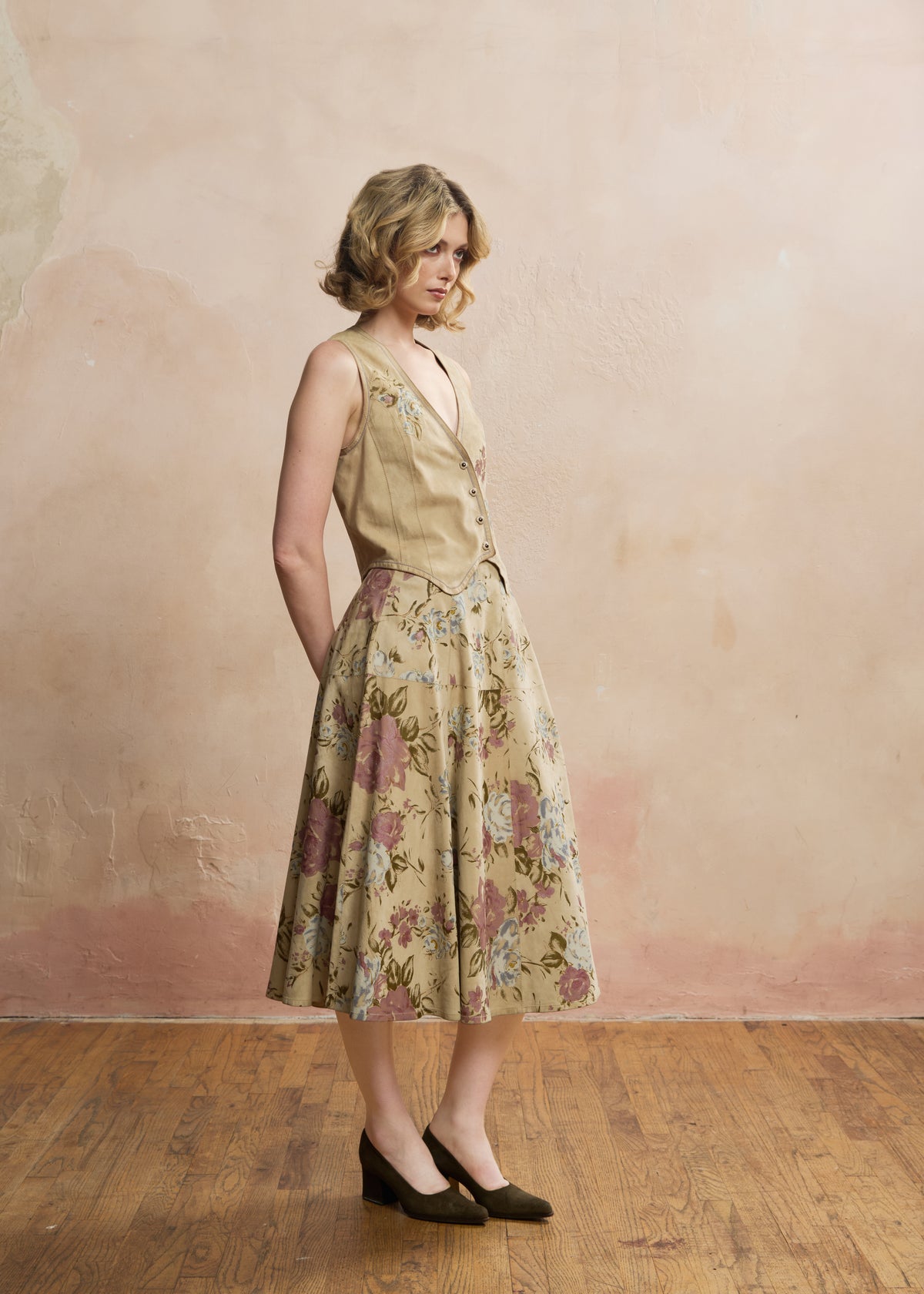 Look 02 — Sand Floral Suede Vest & Skirt
