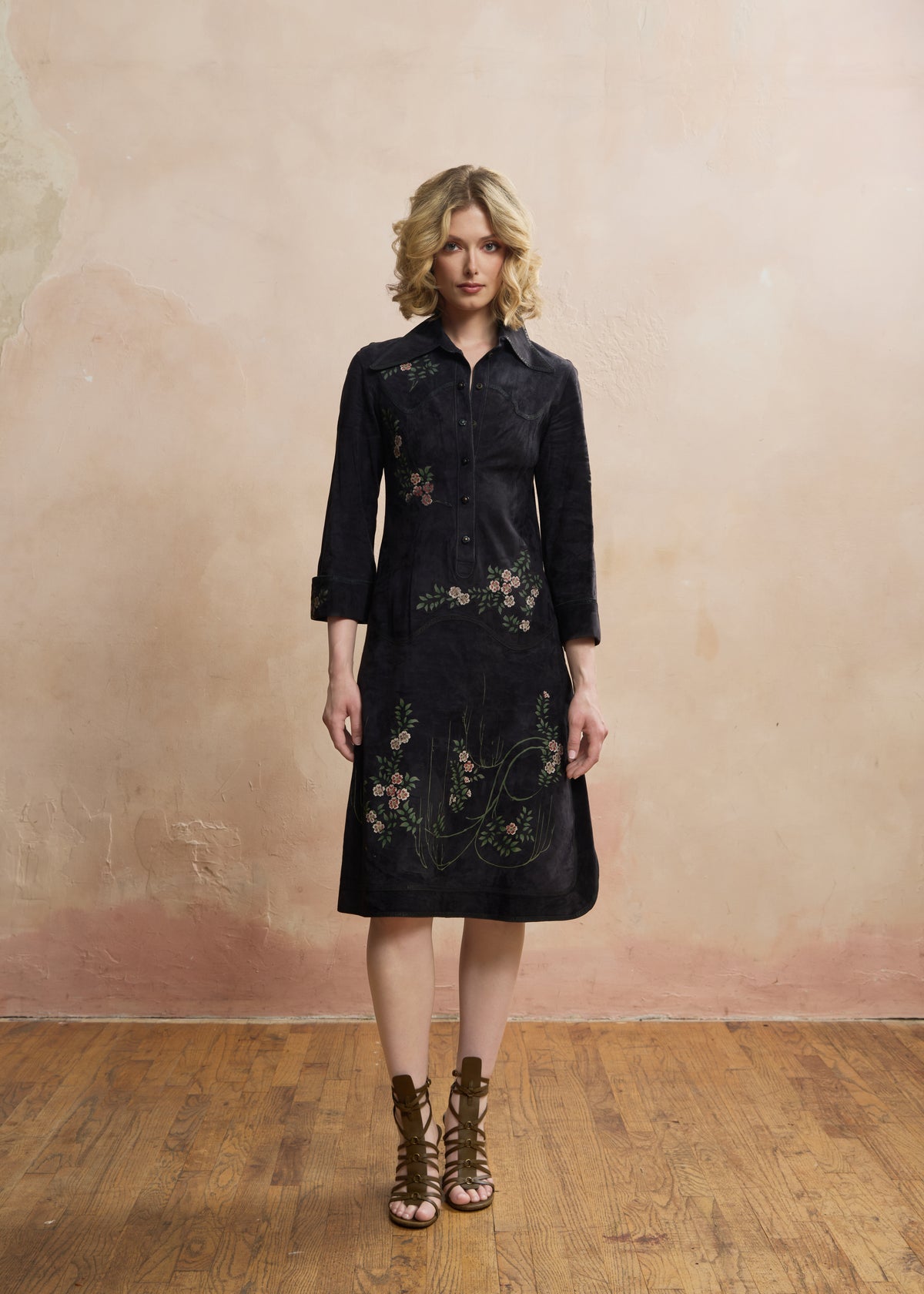 Look 05 — Blue Painted Suede Shirtdress, Blossom Vines