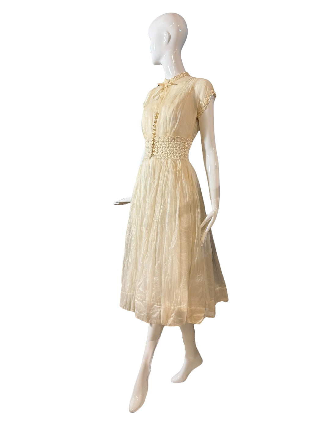 Vintage 1940s Sheer Ivory Organza Dress with Crochet Waist and Lucite Buttons, wedding dress, UNNAMED, RERACKED