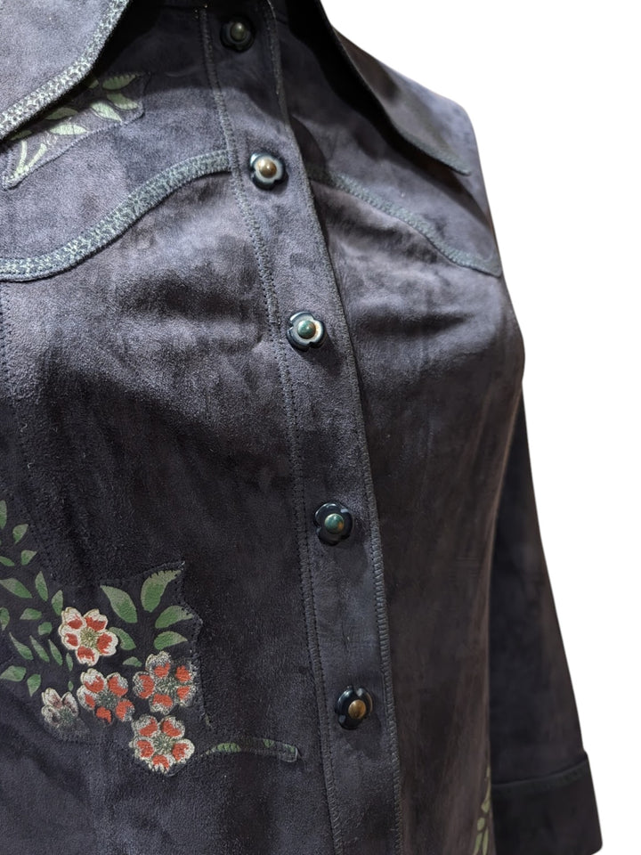 Early 1970s Roberto Cavalli Navy Hand-Painted Suede Shirtdress