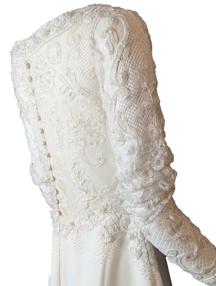 Badgley Mischka 1990s Beaded Lace Wedding Gown with Train