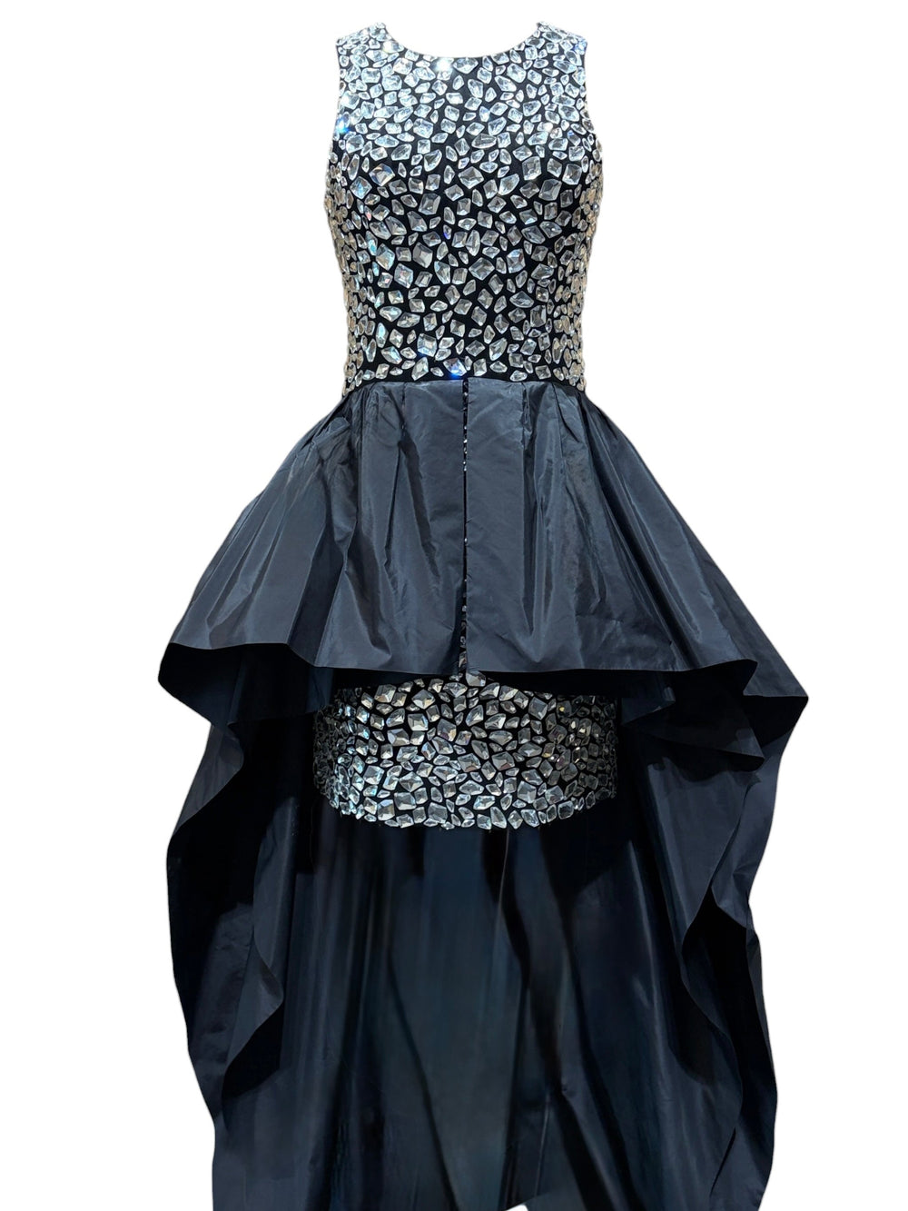 Black evening gown with silver sequin embellishments on a white background