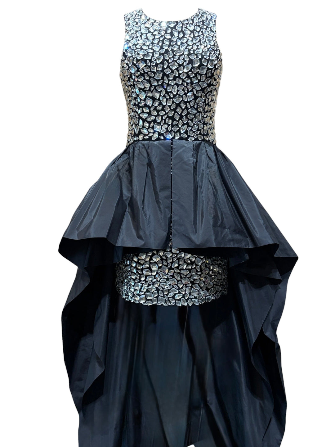 Black evening gown with silver sequin embellishments on a white background
