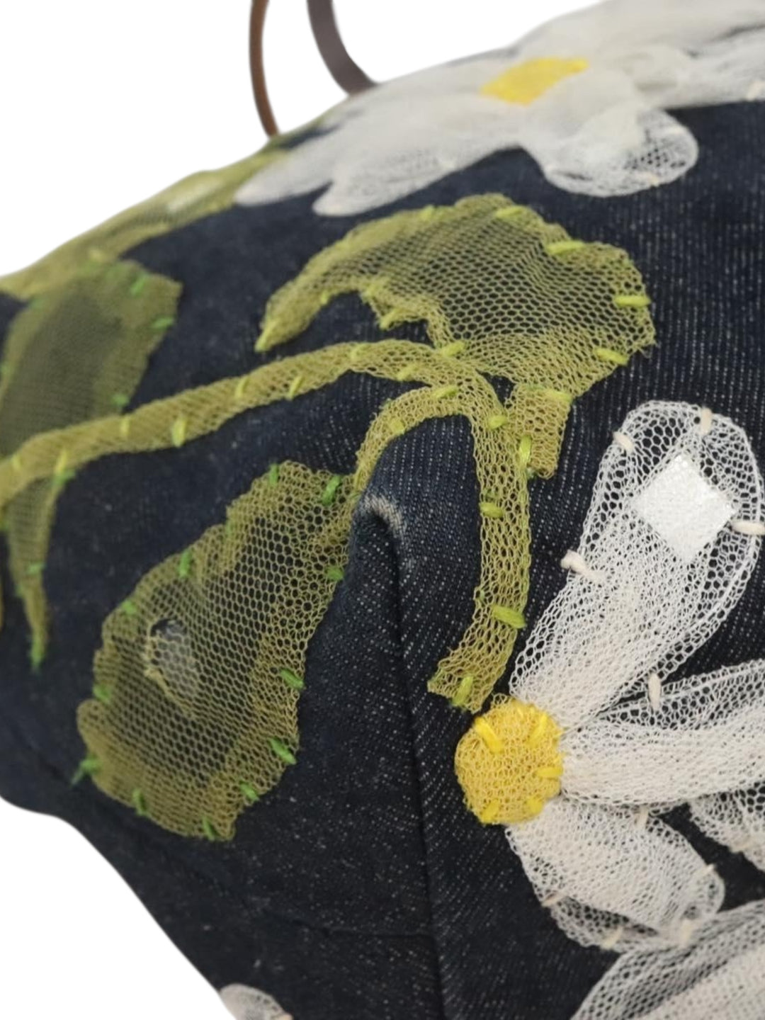 1990s Fendi Daisy Appliqué Denim Tote with Leather Handles - Detailed shot of the tote’s craftsmanship and style.