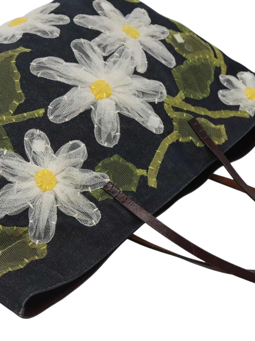 1990s Fendi Daisy Appliqué Denim Tote with Leather Handles - Close-up of daisy appliqués and exquisite embroidery details.