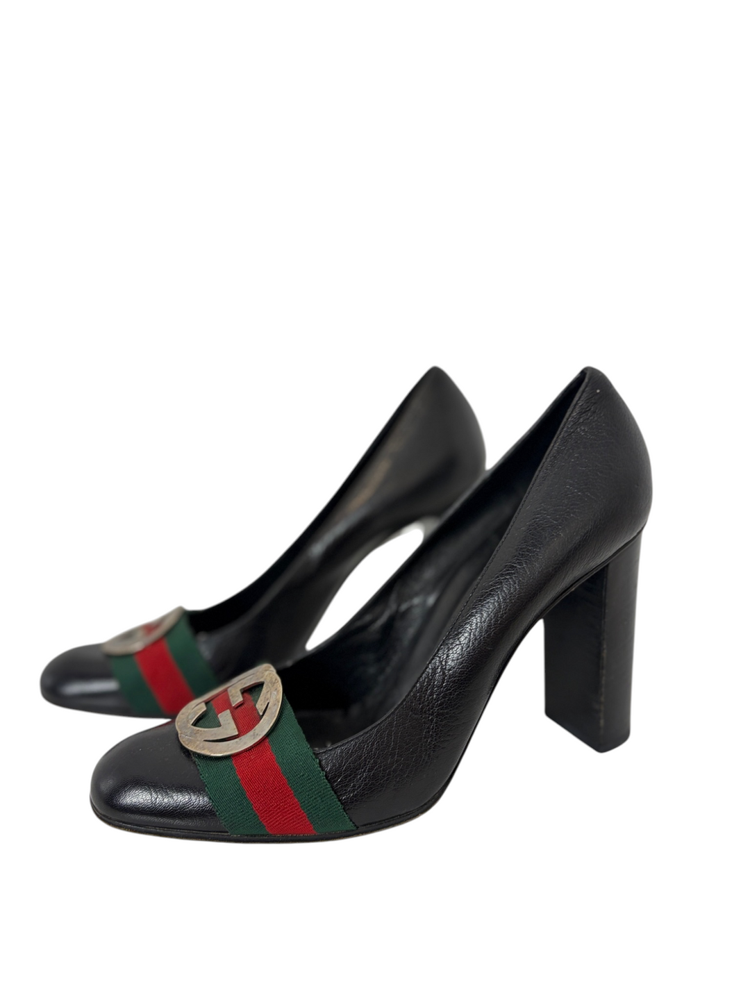 Gucci Black Leather Web Stripe GG Buckle Block-Heel Pump, 9B