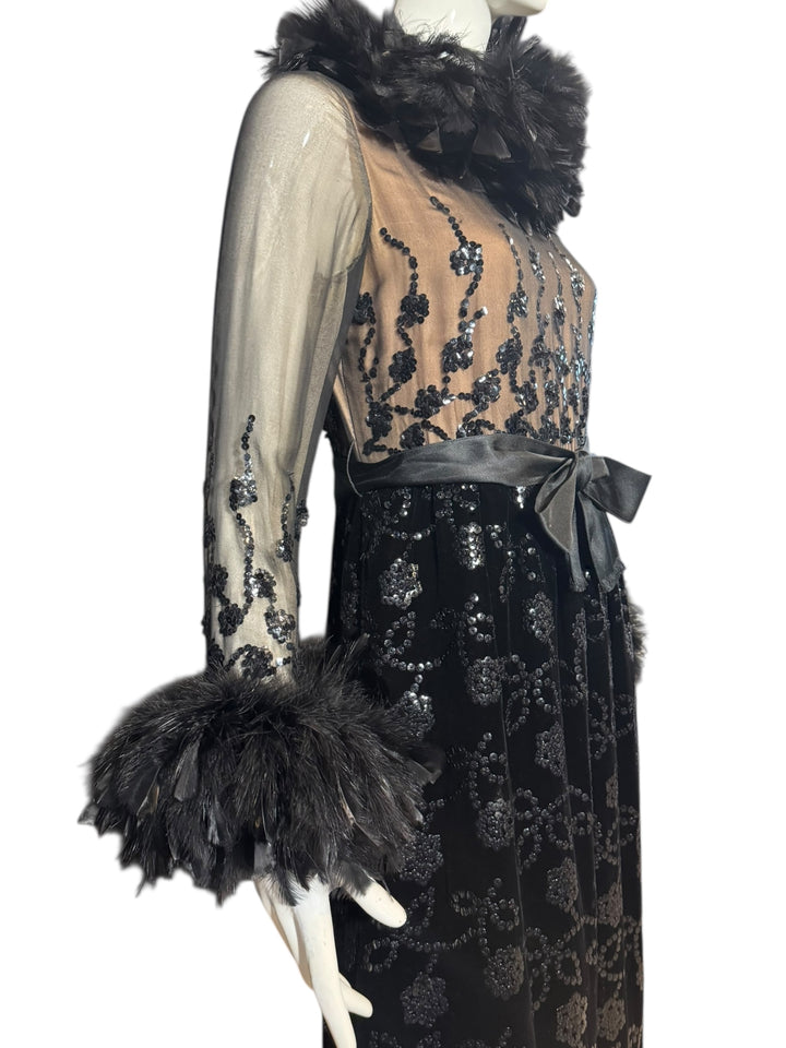 1970 Oscar de la Renta Black Velvet Gown with Sequin Embroidery & Ostrich Feather Trim (Vogue + Museum Featured), Apparel, Oscar de la Renta, RERACKED