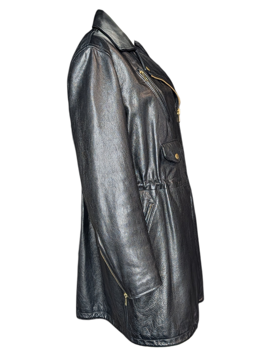 Vintage Moschino 1989 Black Leather Jacket with Illustrated Silk Lining