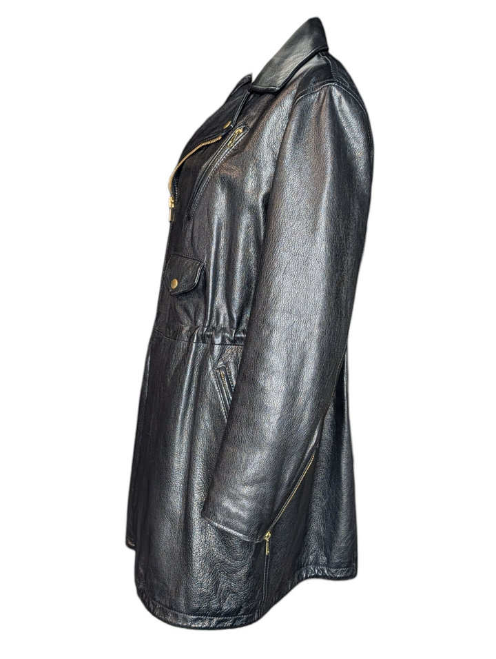Vintage Moschino 1989 Black Leather Jacket with Illustrated Silk Lining