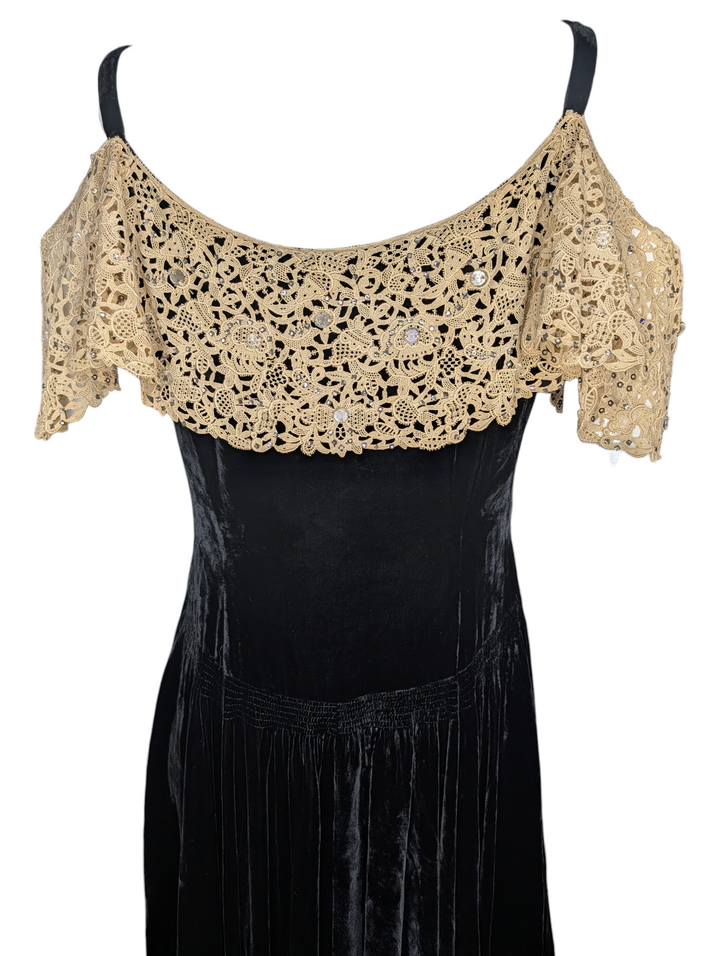 1940s Black Velvet Evening Gown with Ecru Lace and Rhinestones