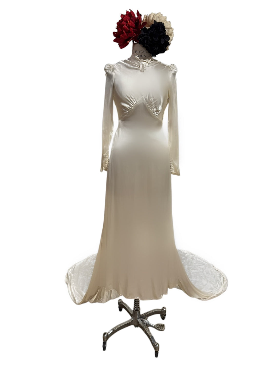 1930’s vintage antique white ivory satin silk wedding gown, button long sleeves, long train, high bias cut neckline, wedding gown, vintage wedding dress, 30’s fashion, dainty vintage wedding gown