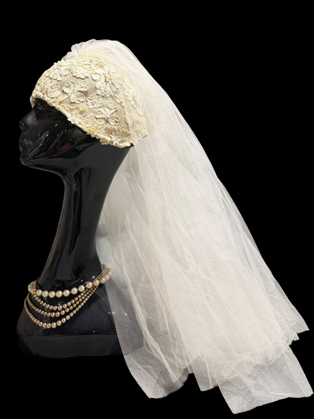 1976 Bergdorf Goodman Lace Wedding Gown & Juliet Cap Veil