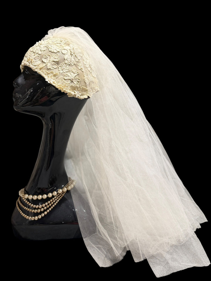 1976 Bergdorf Goodman Lace Wedding Gown & Juliet Cap Veil