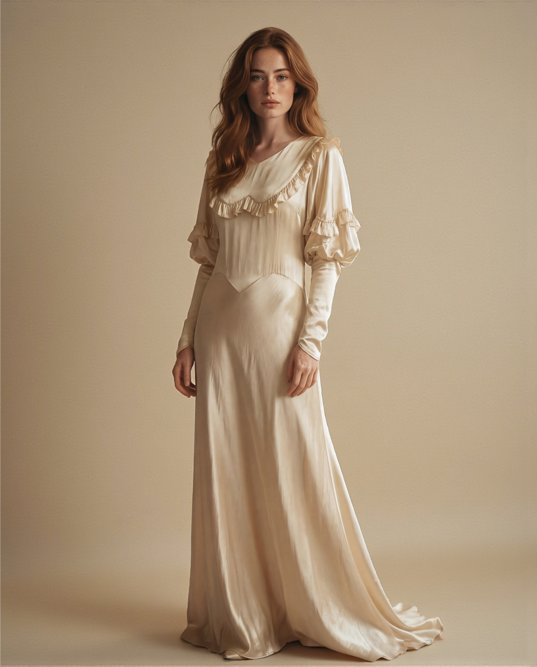 1930s Bias-Cut Ivory Satin Wedding Gown with Puff Sleeves and Ruffled Yoke