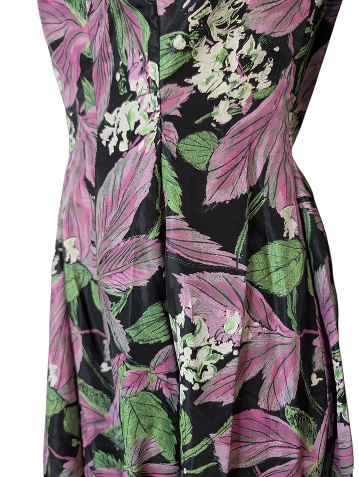 Nina Ricci Black Silk Hand Painted Floral Evening Gown with Deep V Back
