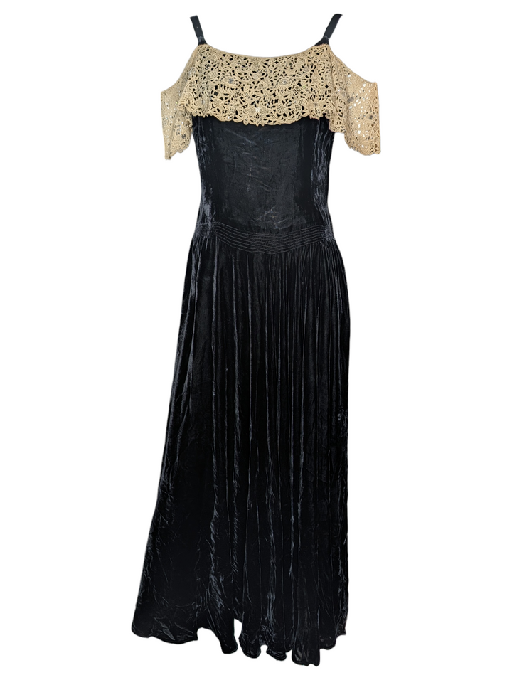 1940s Black Velvet Evening Gown with Ecru Lace and Rhinestones