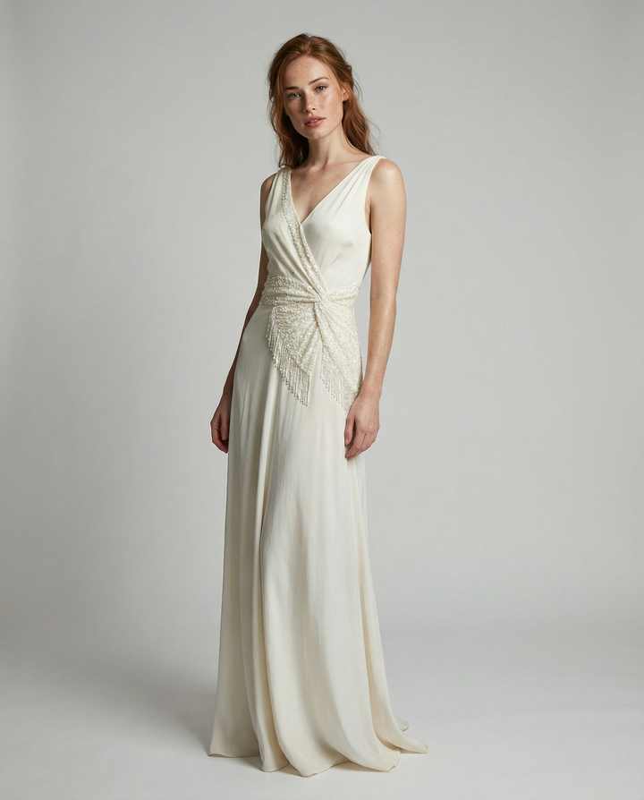Woman wearing a white evening gown with intricate detailing on a plain background