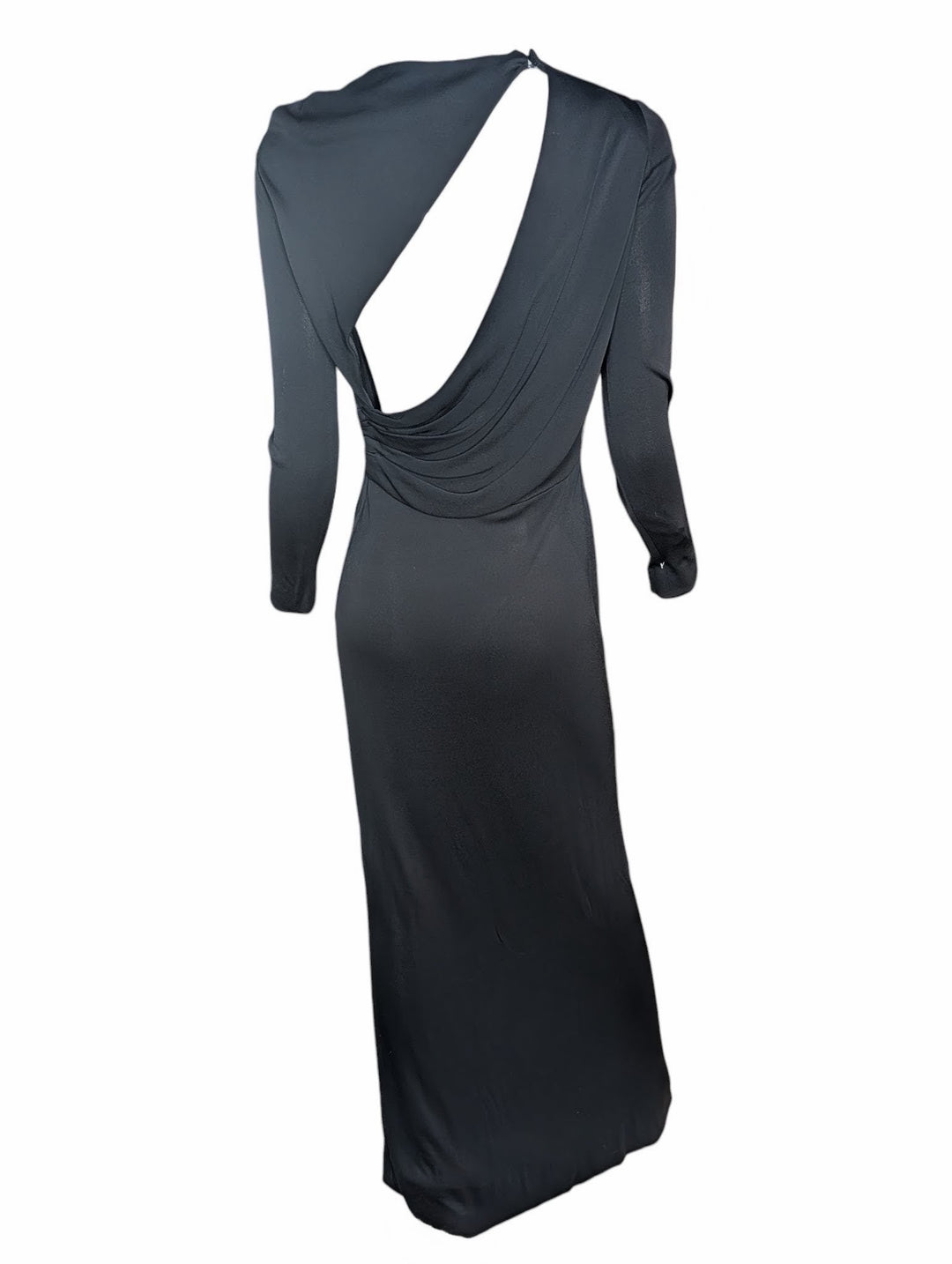 Black evening gown with a draped design on a white background