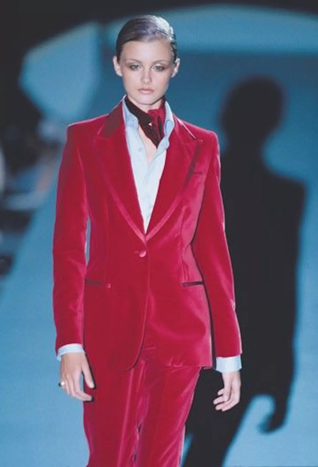 1996 Tom Ford For Gucci Iconic Red Velvet Suit worn by Gwyneth Paltrow- Runway Image