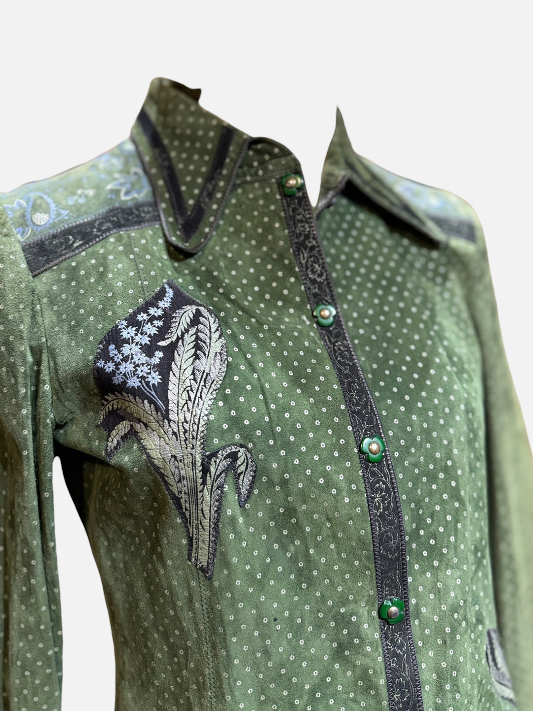 1970s Roberto Cavalli for Crissa Olive Green Printed Suede Shirt Jacket and Trouser Set