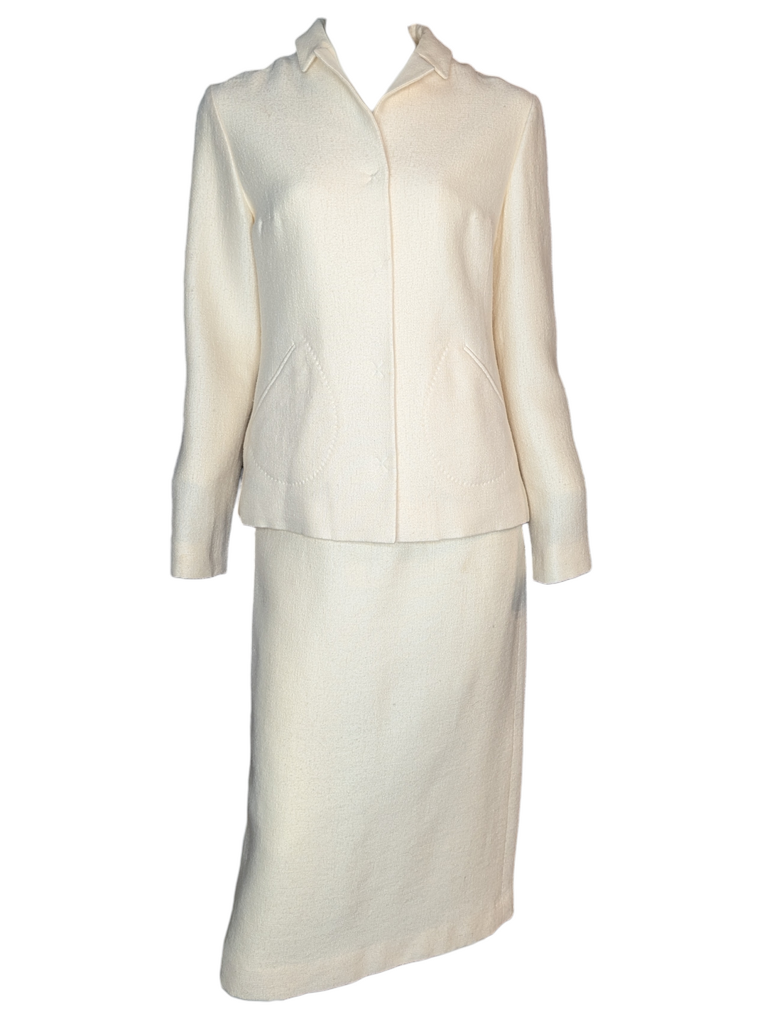Vintage Lanvin Paris ivory wool skirt suit featuring collarless tailored jacket and matching midi skirt