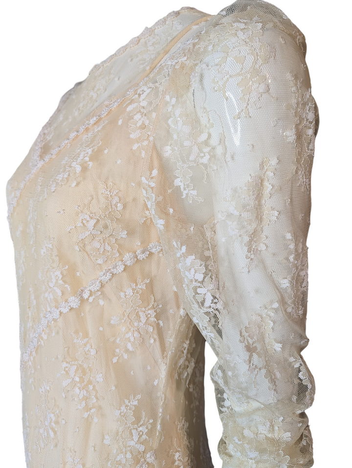 1970s Lace Drop Waist Long Sleeve Wedding Gown with Slip