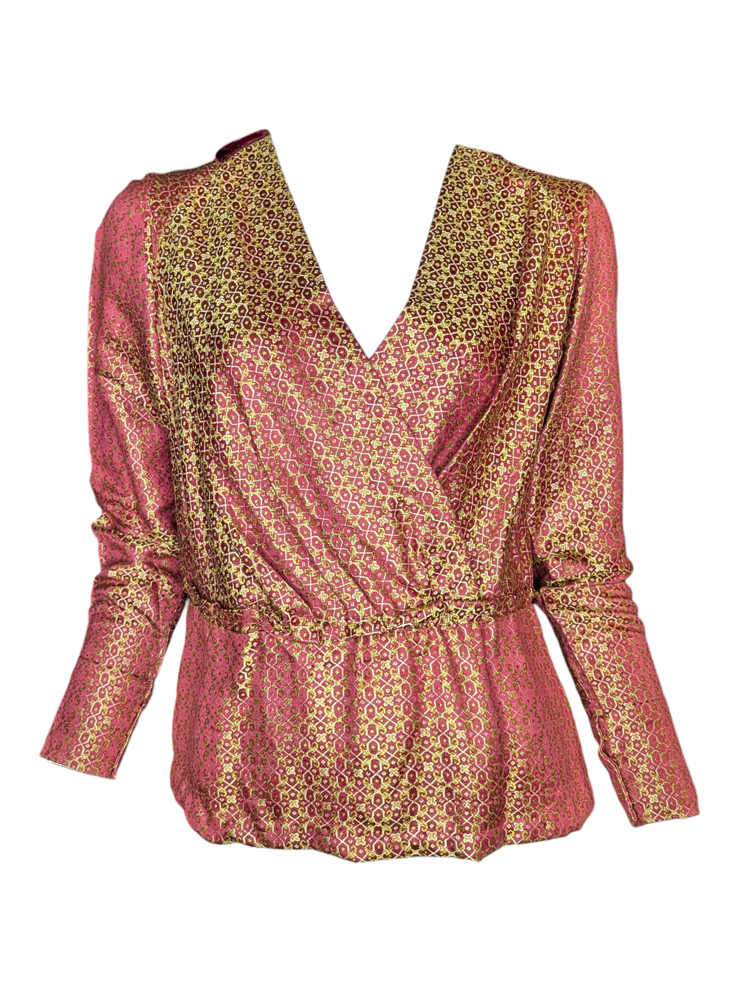 1940s silk jacquard wrap top in rose red with gold geometric pattern, front view