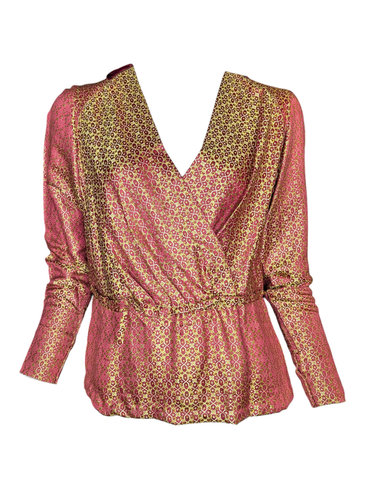 1940s silk jacquard wrap top in rose red with gold geometric pattern, front view
