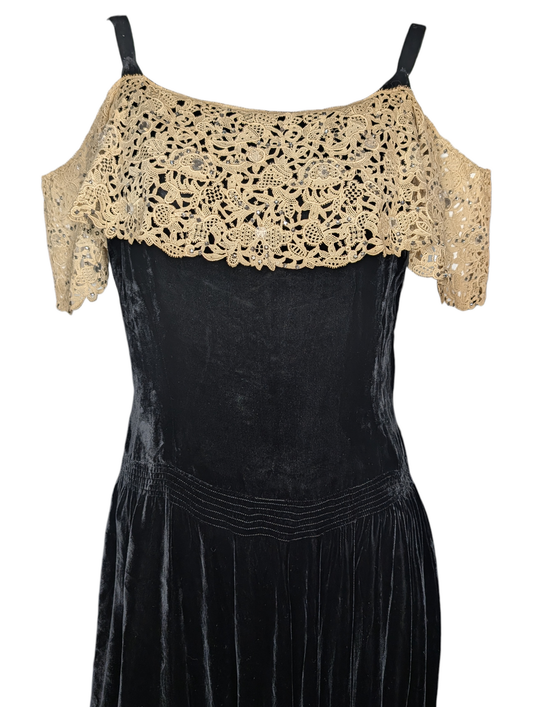 1940s Black Velvet Evening Gown with Ecru Lace and Rhinestones