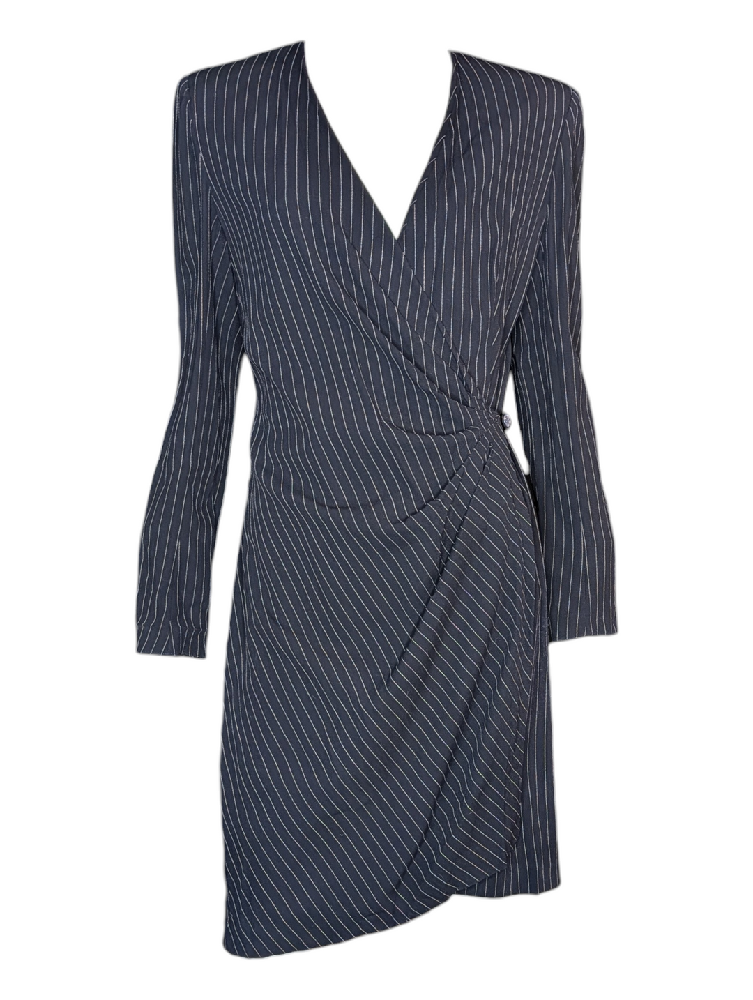 Vintage Emanuel Ungaro Parallèle pinstripe wool wrap dress with deep V neckline and asymmetric draped front