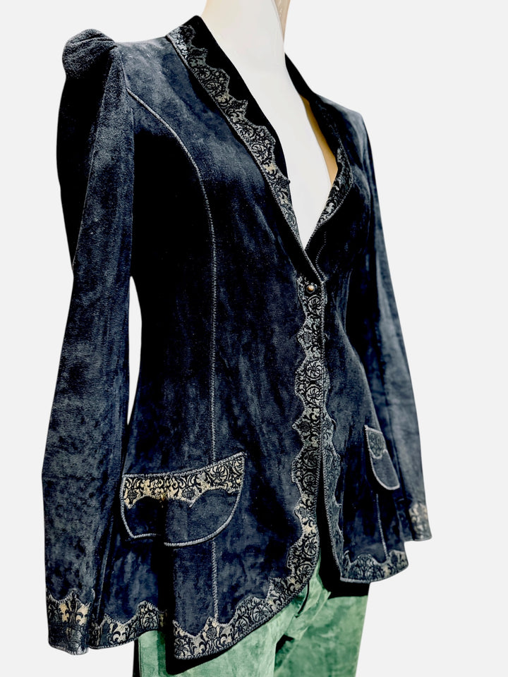 1970s Roberto Cavalli Black Printed Suede Peacock Figure Painted Peplum Jacket