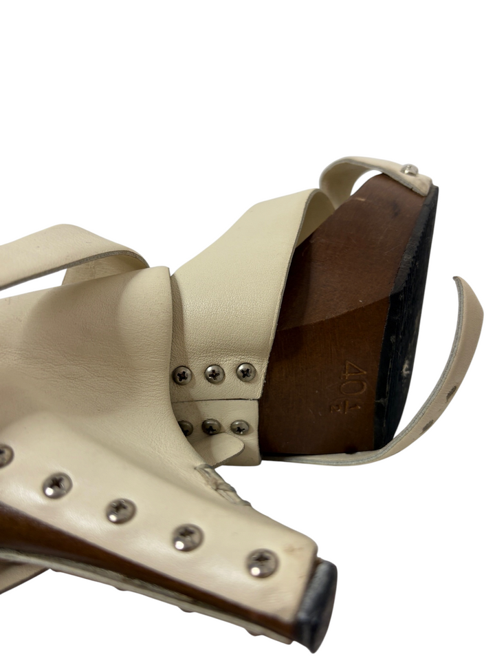 Chanel Cream Leather & Wood Studded Clog Mule, 40.5