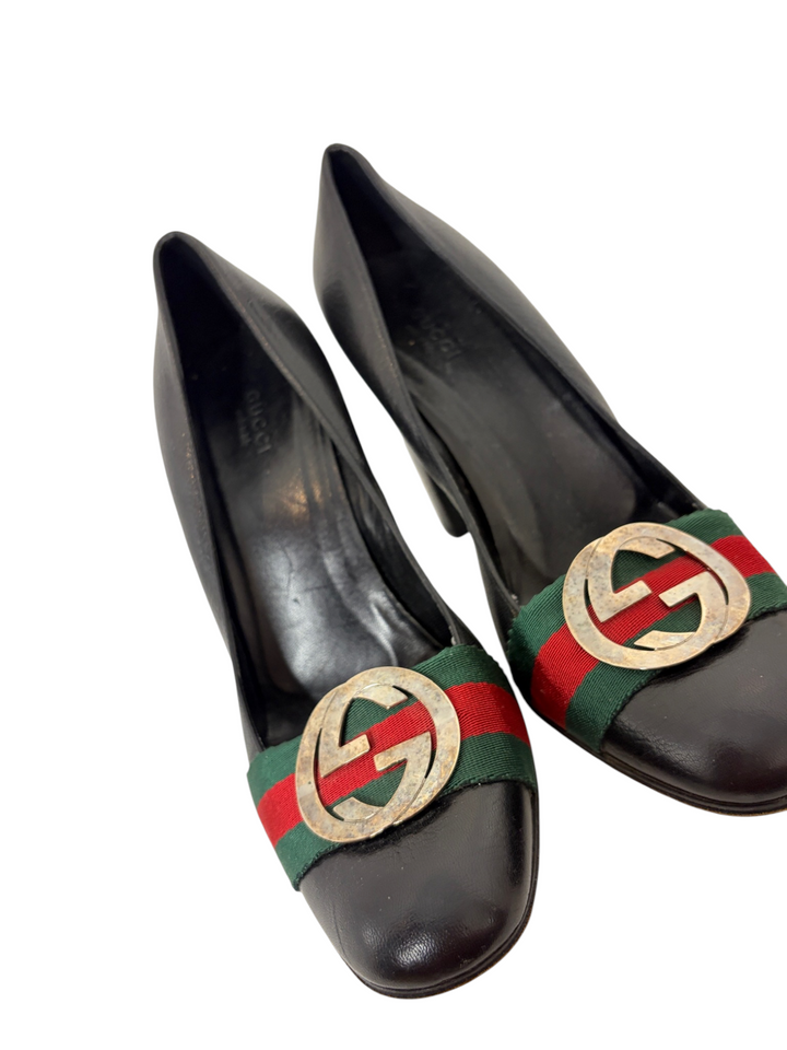 Gucci Black Leather Web Stripe GG Buckle Block-Heel Pump, 9B