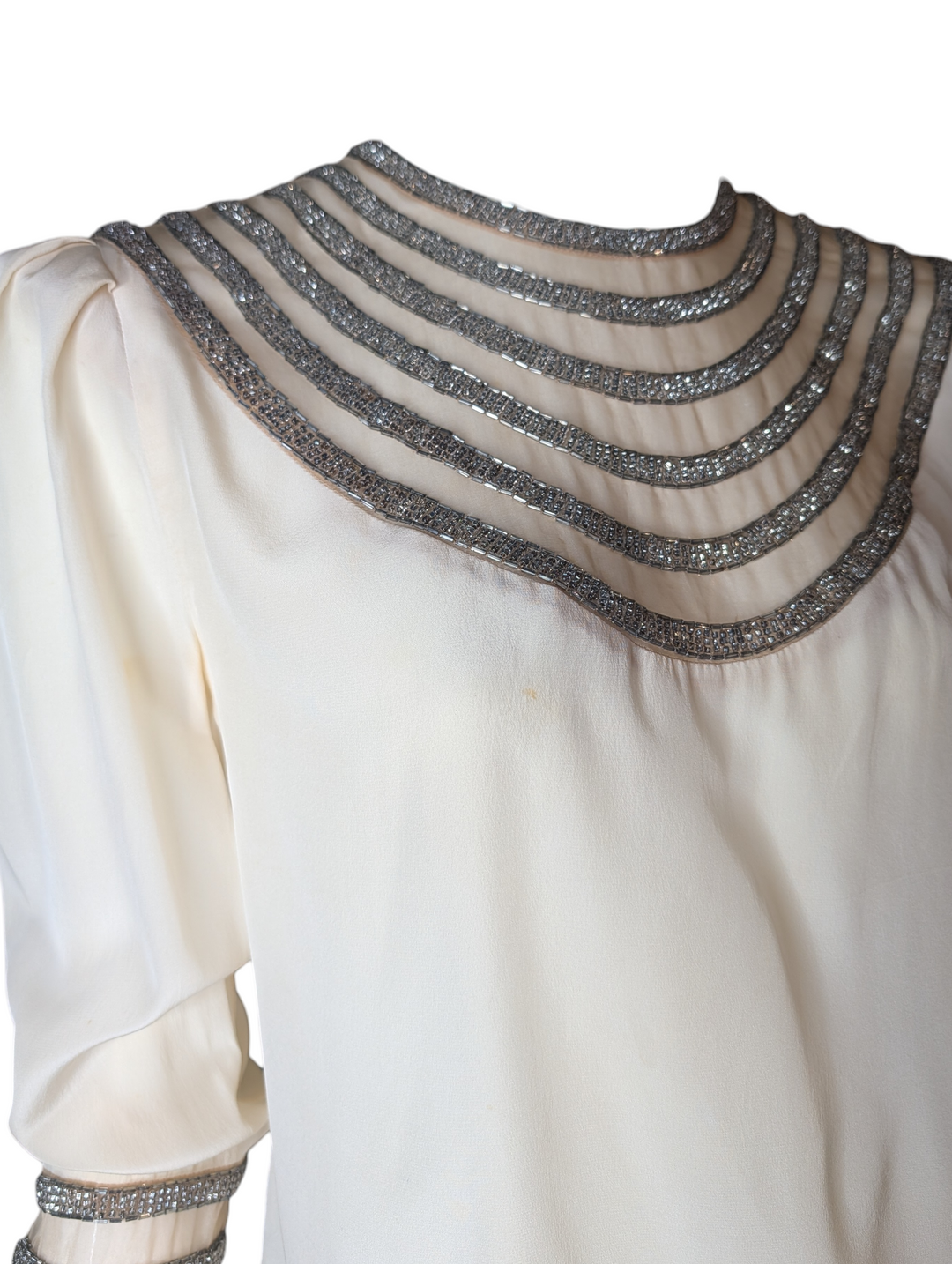 1930s Art Deco Illusion Mesh Yoke Blouse with Silver Glass Beadwork