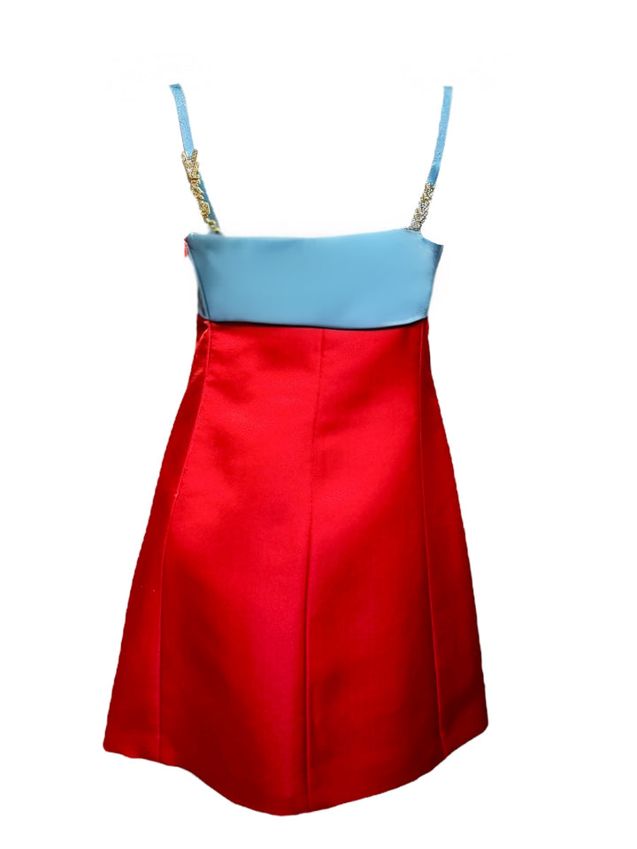 Versace F/W 1996 Red & Blue Colorblock Satin Mini Dress with Crystal Logo Straps, Apparel, Versace, RERACKED