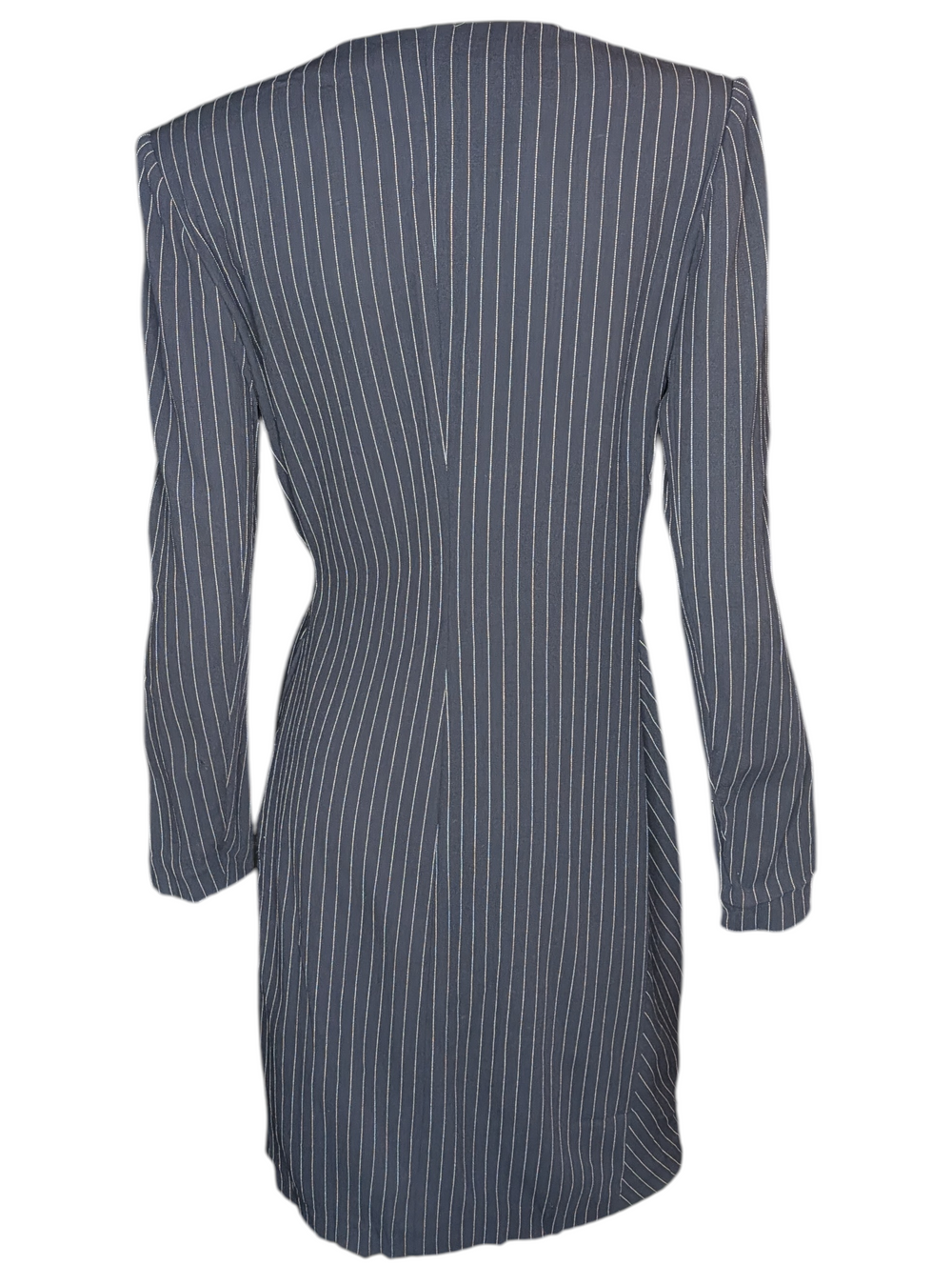 Back view of Emanuel Ungaro Parallèle vintage pinstripe wool wrap dress with tailored seams and midi length
