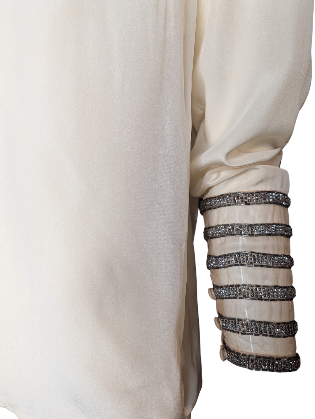 1930s Art Deco Illusion Mesh Yoke Blouse with Silver Glass Beadwork