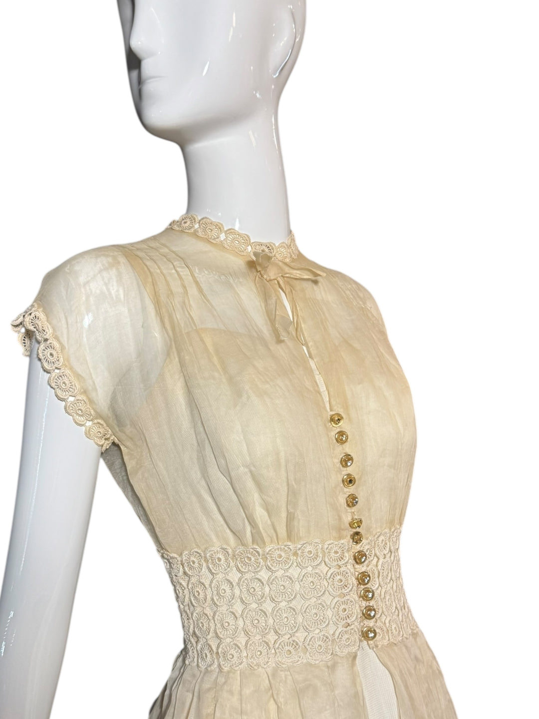 Vintage 1940s Sheer Ivory Organza Dress with Crochet Waist and Lucite Buttons, wedding dress, UNNAMED, RERACKED