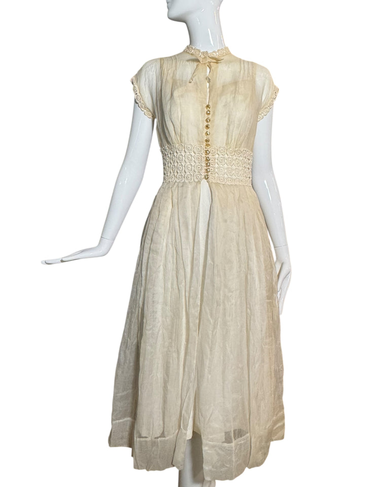 Vintage 1940s Sheer Ivory Organza Dress with Crochet Waist and Lucite Buttons, wedding dress, UNNAMED, RERACKED