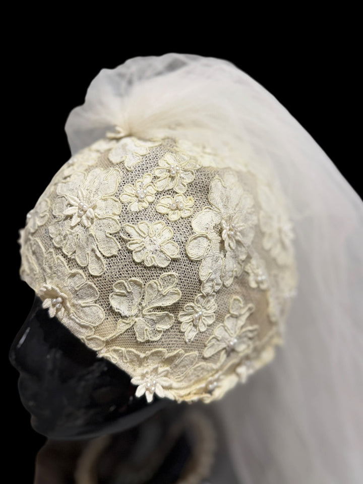 1976 Bergdorf Goodman Lace Wedding Gown & Juliet Cap Veil