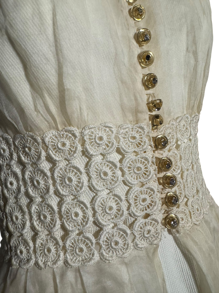 Vintage 1940s Sheer Ivory Organza Dress with Crochet Waist and Lucite Buttons, wedding dress, UNNAMED, RERACKED