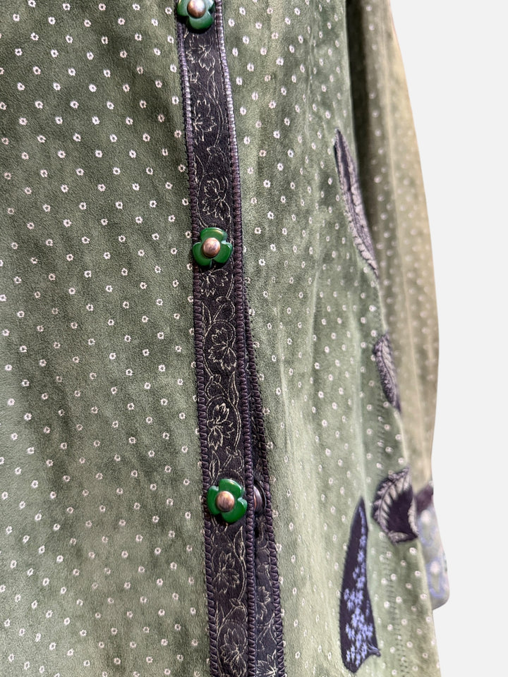 1970s Roberto Cavalli for Crissa Olive Green Printed Suede Shirt Jacket and Trouser Set