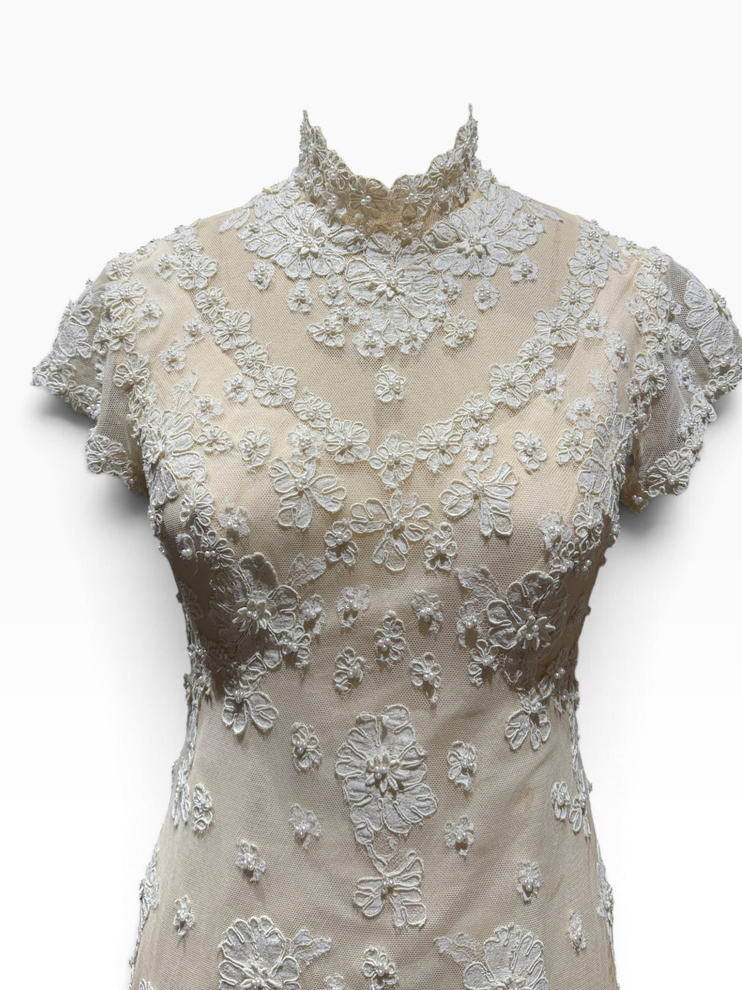 1976 Bergdorf Goodman Lace Wedding Gown & Juliet Cap Veil