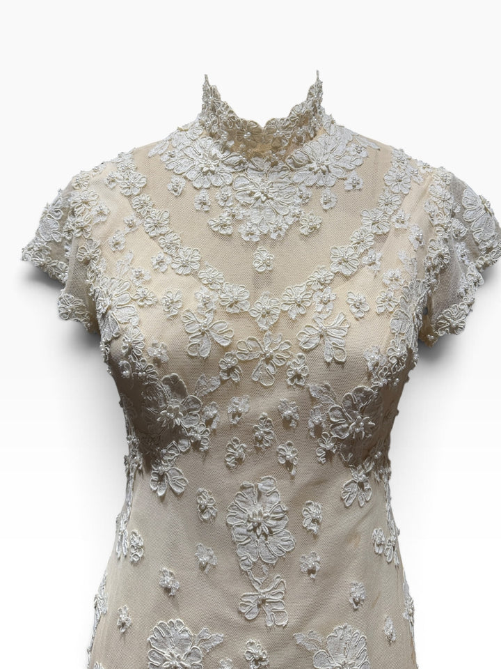 1976 Bergdorf Goodman Lace Wedding Gown & Juliet Cap Veil
