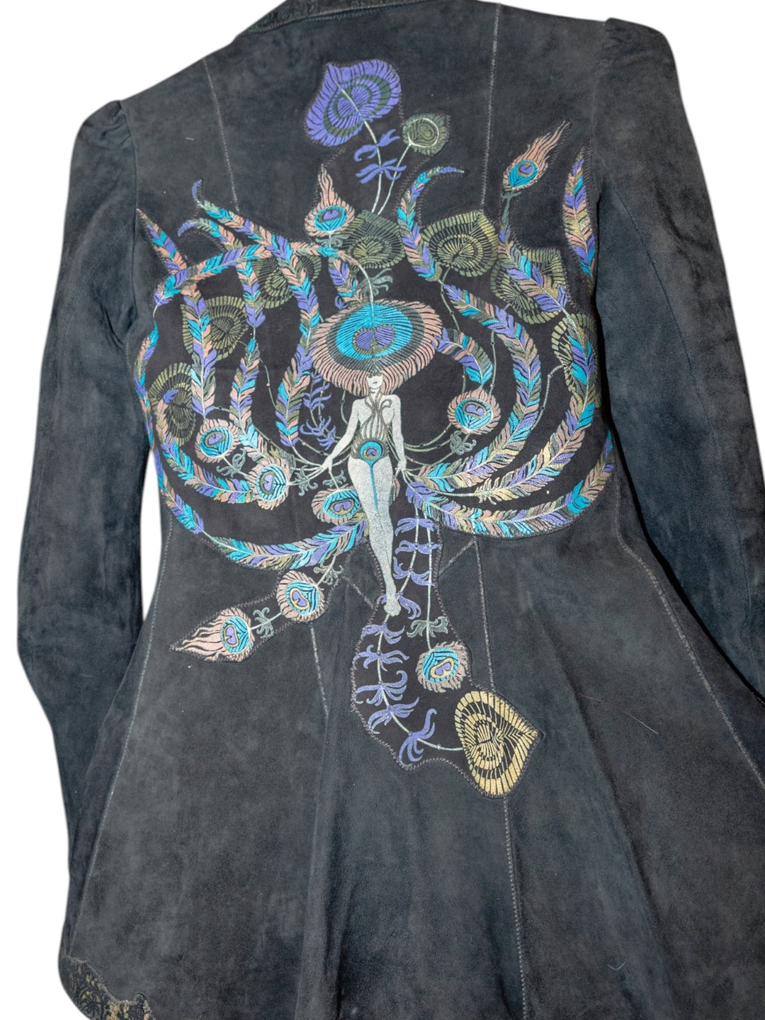 1970s Roberto Cavalli Black Printed Suede Peacock Figure Painted Peplum Jacket