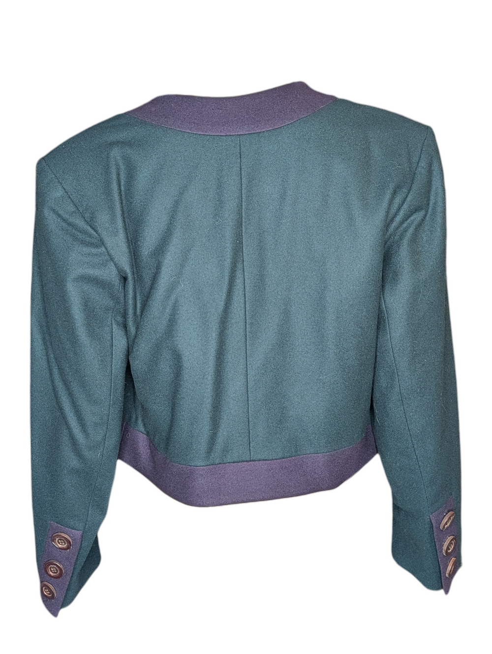 Back view of Yves Saint Laurent cropped wool jacket with color-block design