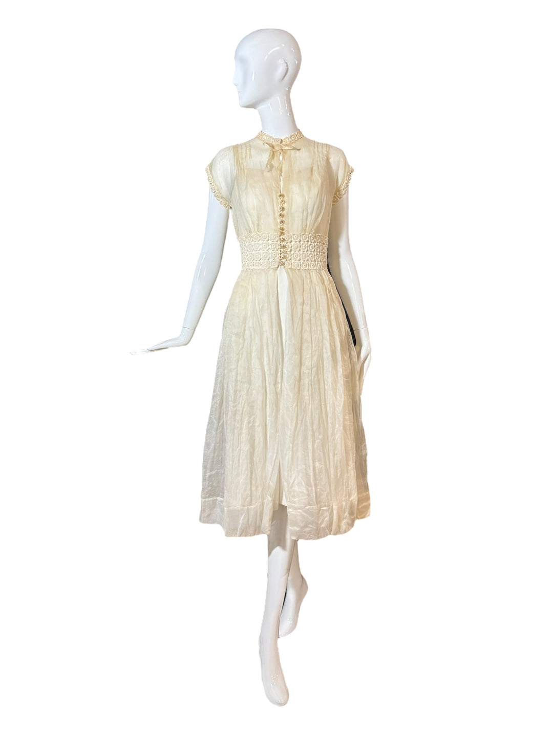 Vintage 1940s Sheer Ivory Organza Dress with Crochet Waist and Lucite Buttons, wedding dress, UNNAMED, RERACKED