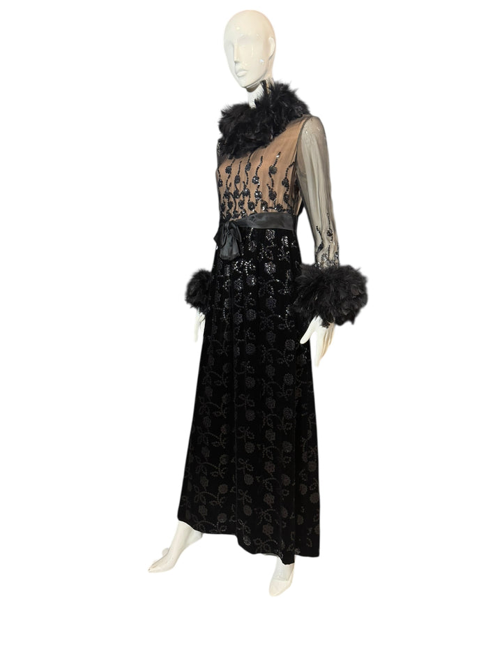 1970 Oscar de la Renta Black Velvet Gown with Sequin Embroidery & Ostrich Feather Trim (Vogue + Museum Featured), Apparel, Oscar de la Renta, RERACKED